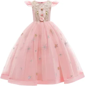 Girls Embroidery Flower Lace Long A Line Pageant Dress Floor Length Princess Prom Tulle Maxi Gown for Wedding Party Birthday