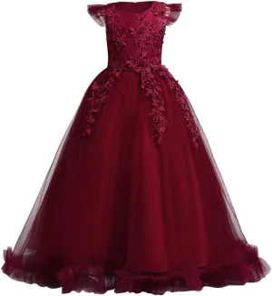 Girls Embroidery Flower Lace Long A Line Pageant Dress Floor Length Princess Prom Tulle Maxi Gown for Wedding Party Birthday
