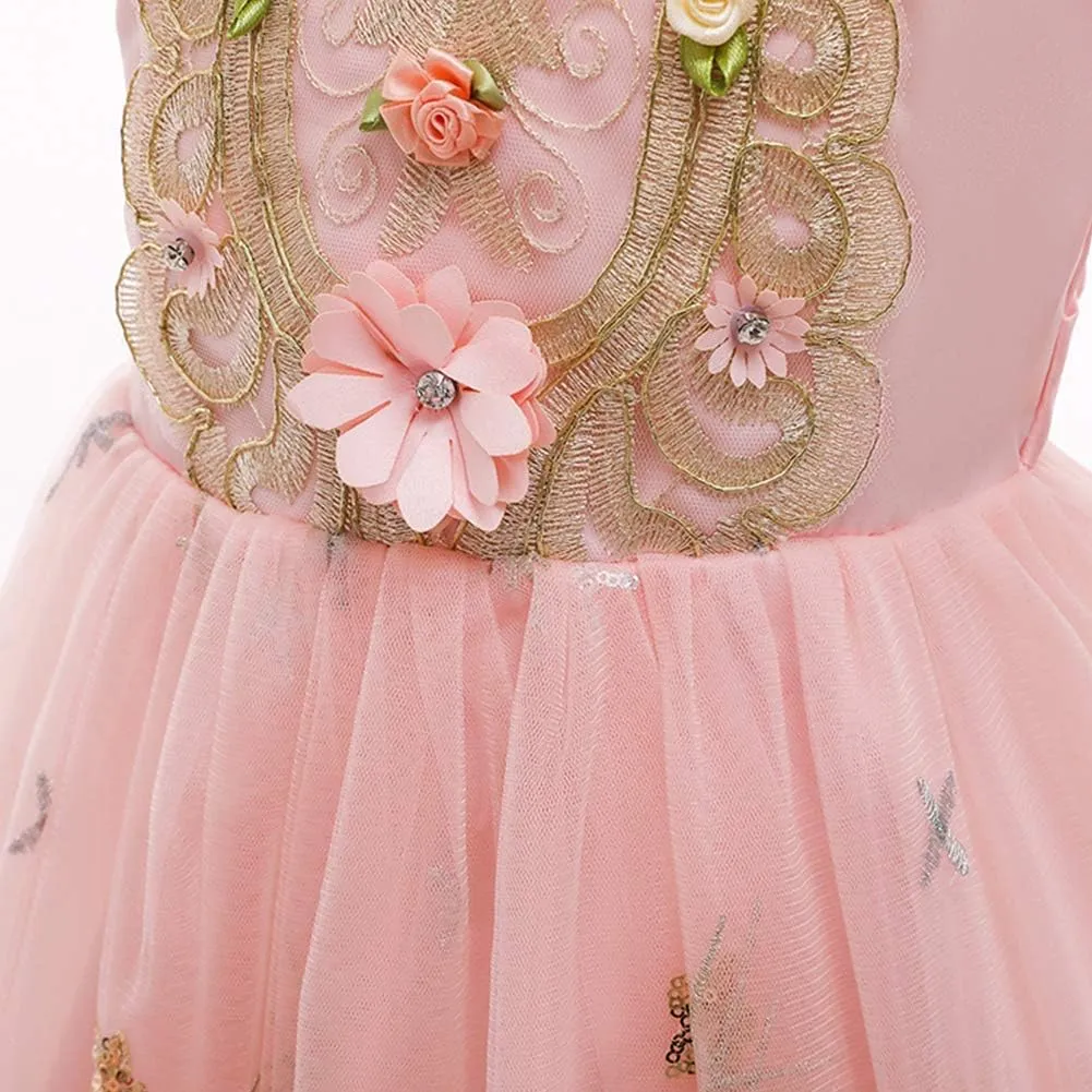 Girls Embroidery Flower Lace Long A Line Pageant Dress Floor Length Princess Prom Tulle Maxi Gown for Wedding Party Birthday