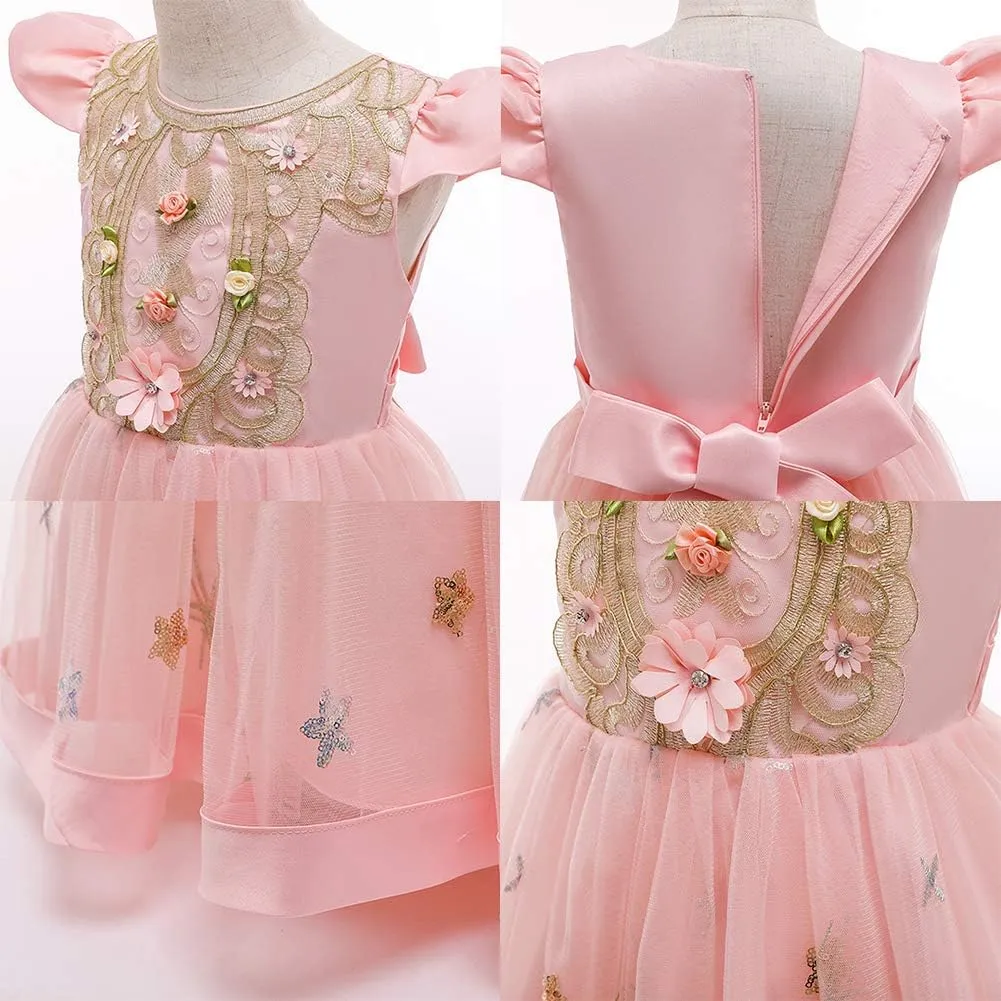 Girls Embroidery Flower Lace Long A Line Pageant Dress Floor Length Princess Prom Tulle Maxi Gown for Wedding Party Birthday