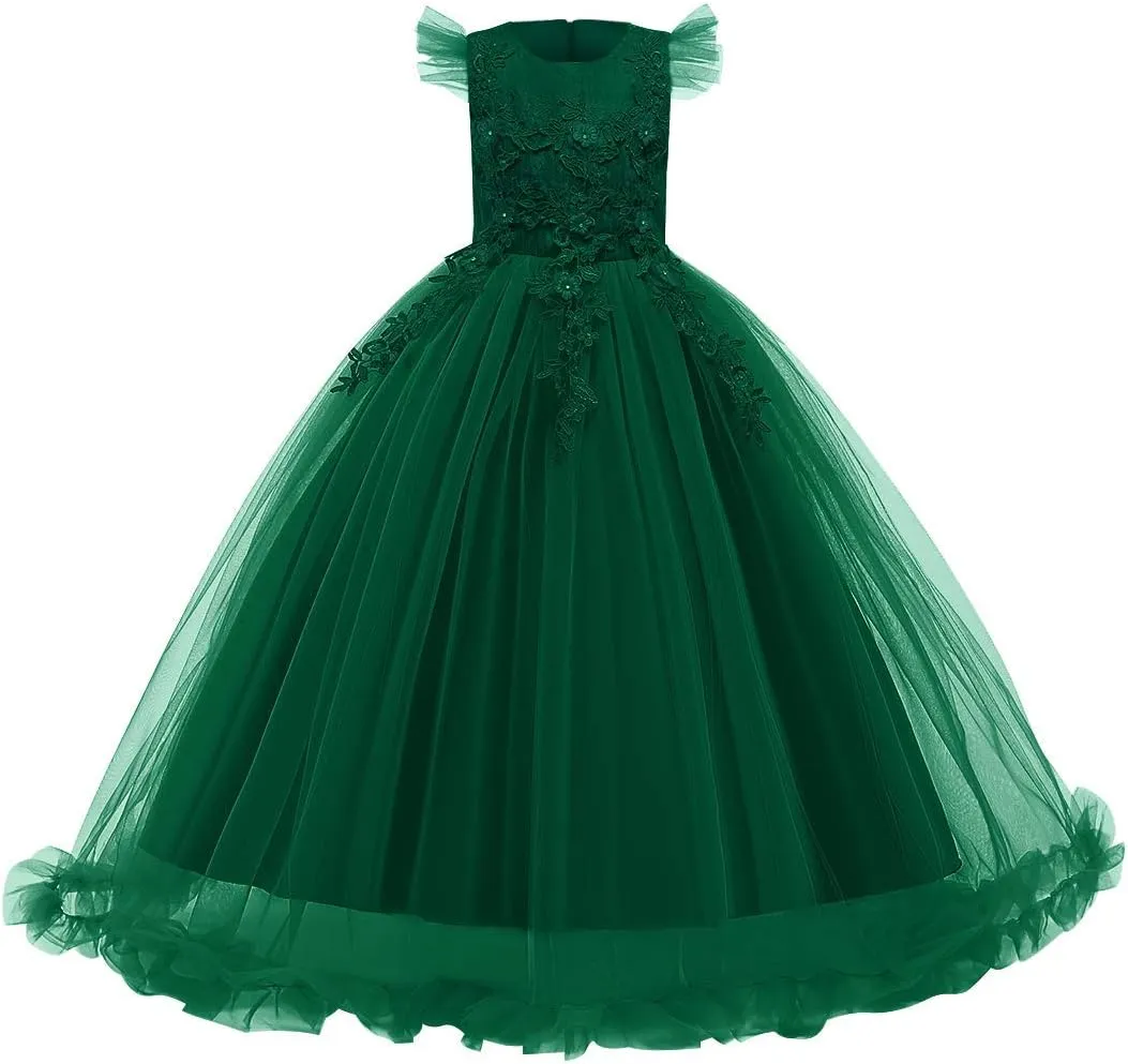 Girls Embroidery Flower Lace Long A Line Pageant Dress Floor Length Princess Prom Tulle Maxi Gown for Wedding Party Birthday