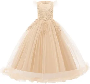 Girls Embroidery Flower Lace Long A Line Pageant Dress Floor Length Princess Prom Tulle Maxi Gown for Wedding Party Birthday