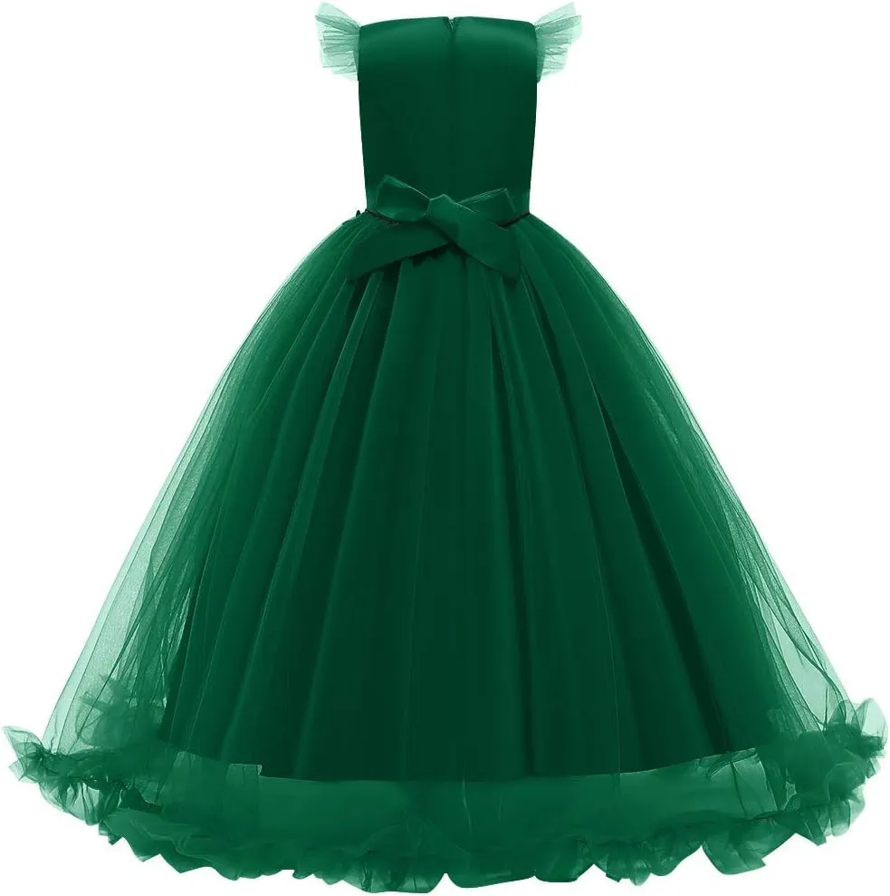 Girls Embroidery Flower Lace Long A Line Pageant Dress Floor Length Princess Prom Tulle Maxi Gown for Wedding Party Birthday