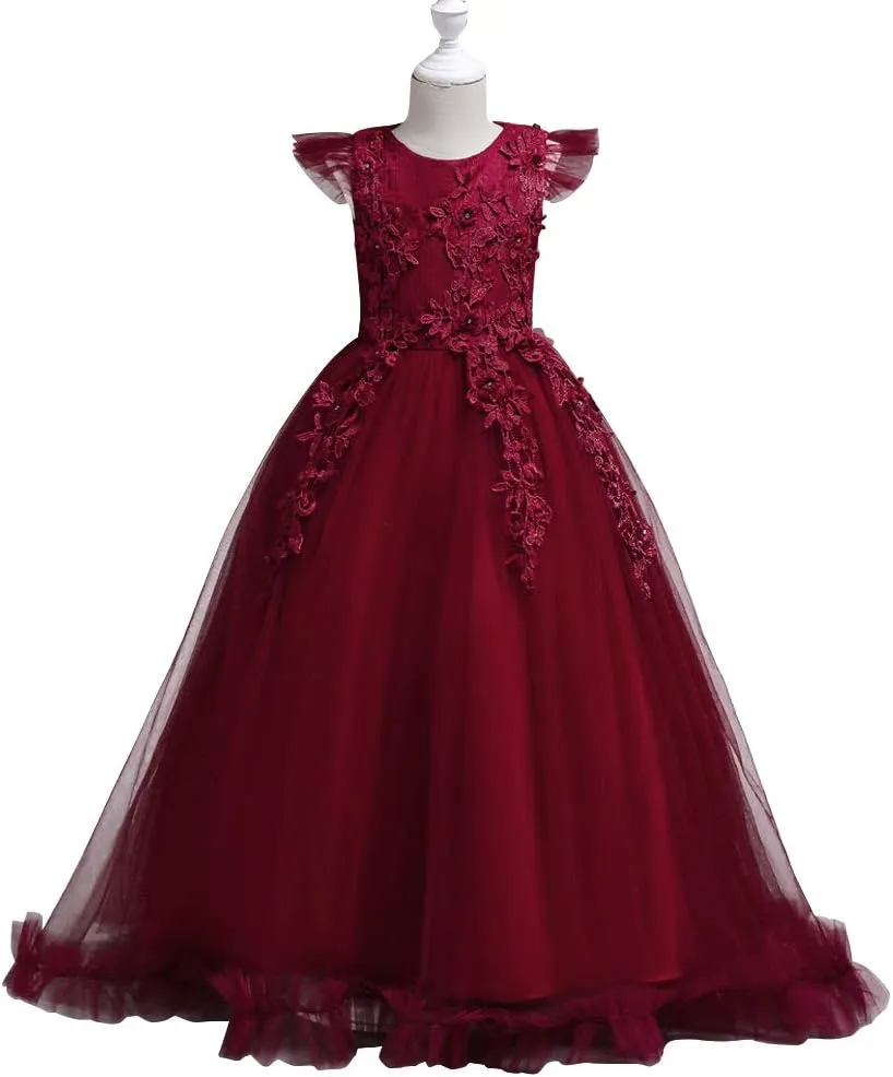 Girls Embroidery Flower Lace Long A Line Pageant Dress Floor Length Princess Prom Tulle Maxi Gown for Wedding Party Birthday