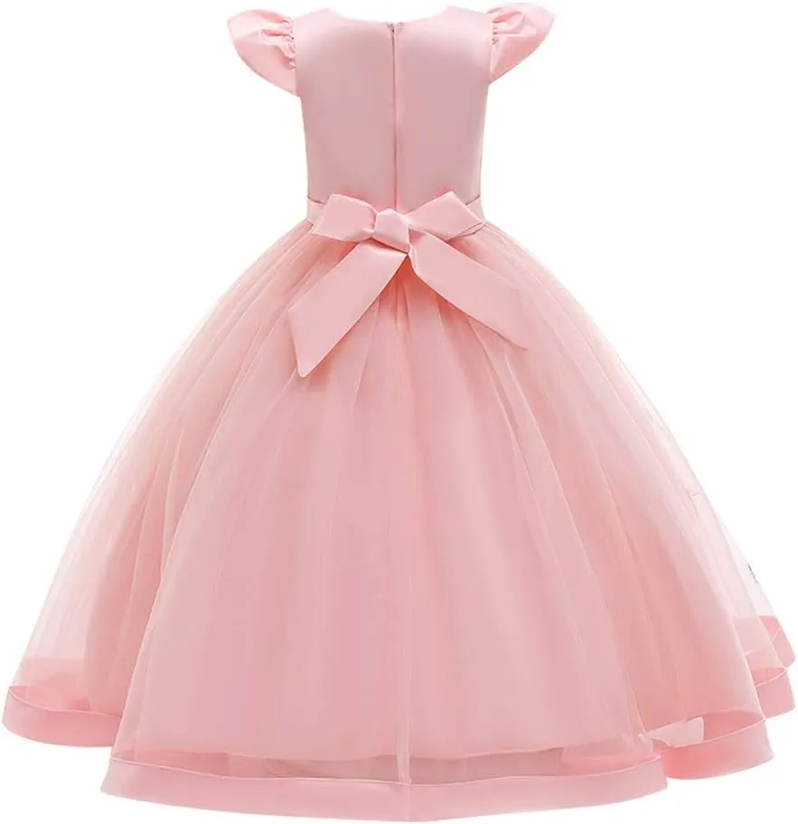 Girls Embroidery Flower Lace Long A Line Pageant Dress Floor Length Princess Prom Tulle Maxi Gown for Wedding Party Birthday