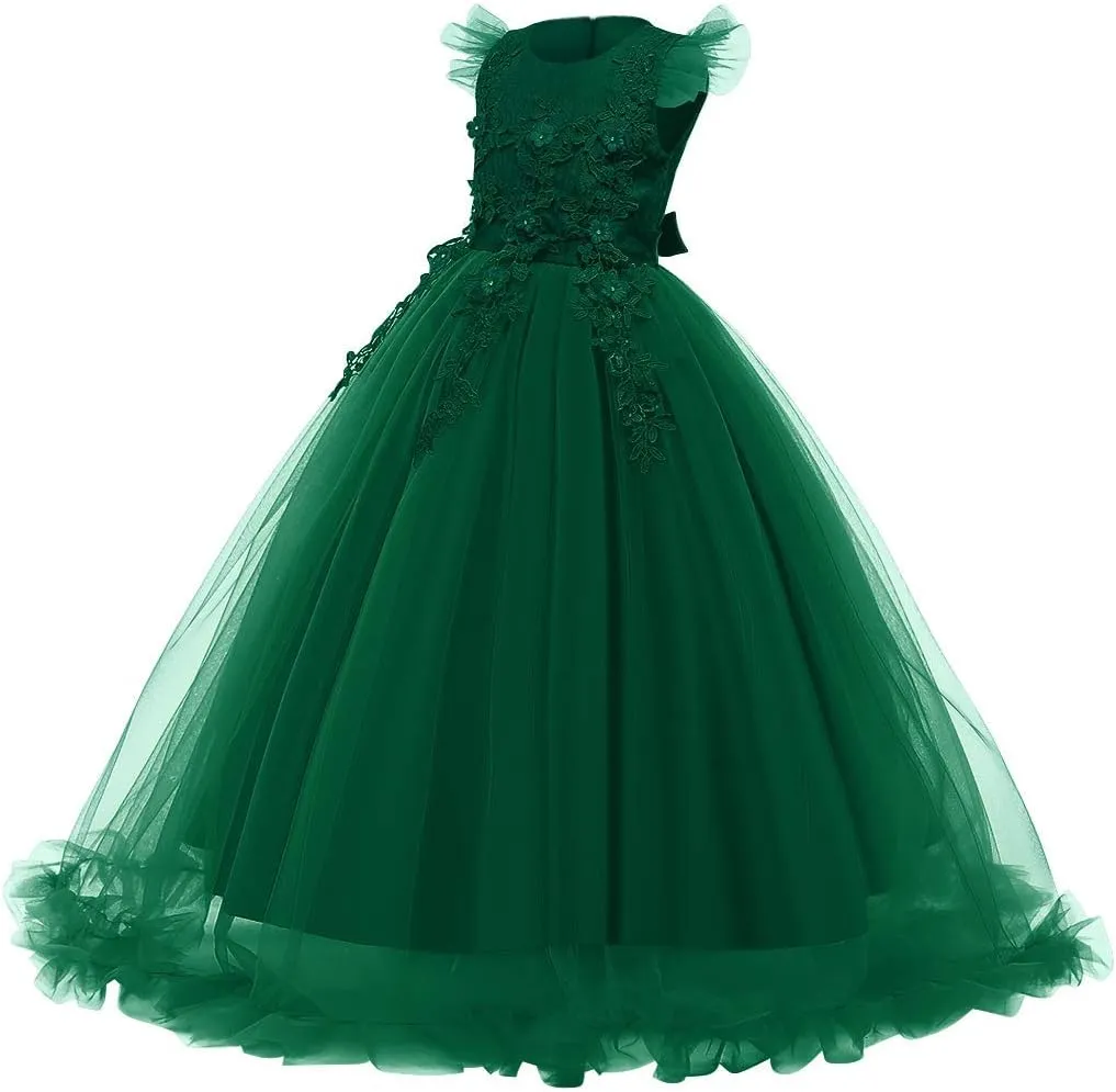 Girls Embroidery Flower Lace Long A Line Pageant Dress Floor Length Princess Prom Tulle Maxi Gown for Wedding Party Birthday