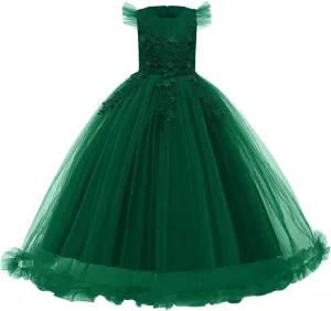 Girls Embroidery Flower Lace Long A Line Pageant Dress Floor Length Princess Prom Tulle Maxi Gown for Wedding Party Birthday