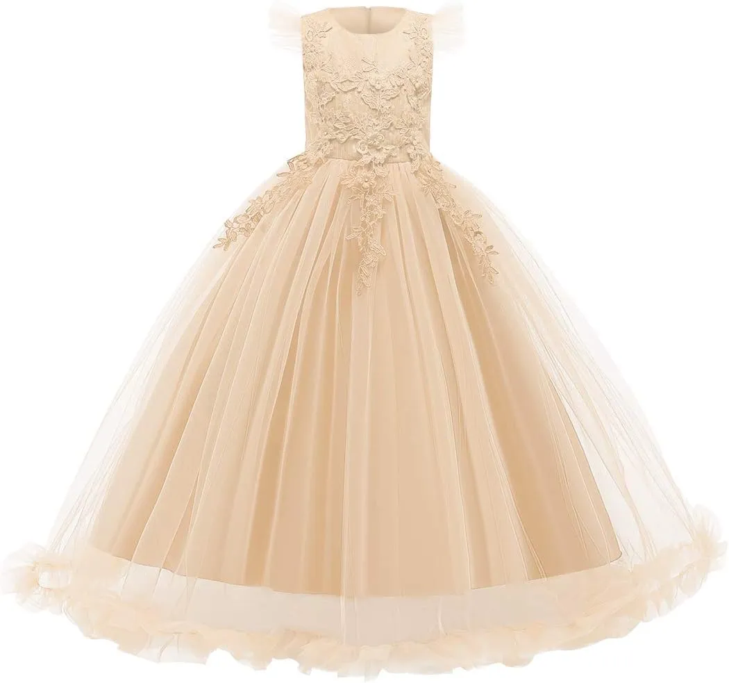 Girls Embroidery Flower Lace Long A Line Pageant Dress Floor Length Princess Prom Tulle Maxi Gown for Wedding Party Birthday