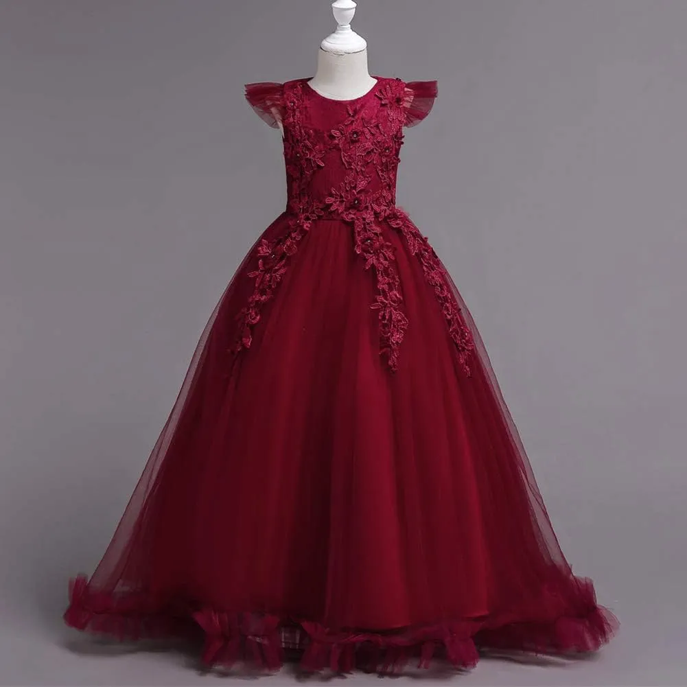 Girls Embroidery Flower Lace Long A Line Pageant Dress Floor Length Princess Prom Tulle Maxi Gown for Wedding Party Birthday