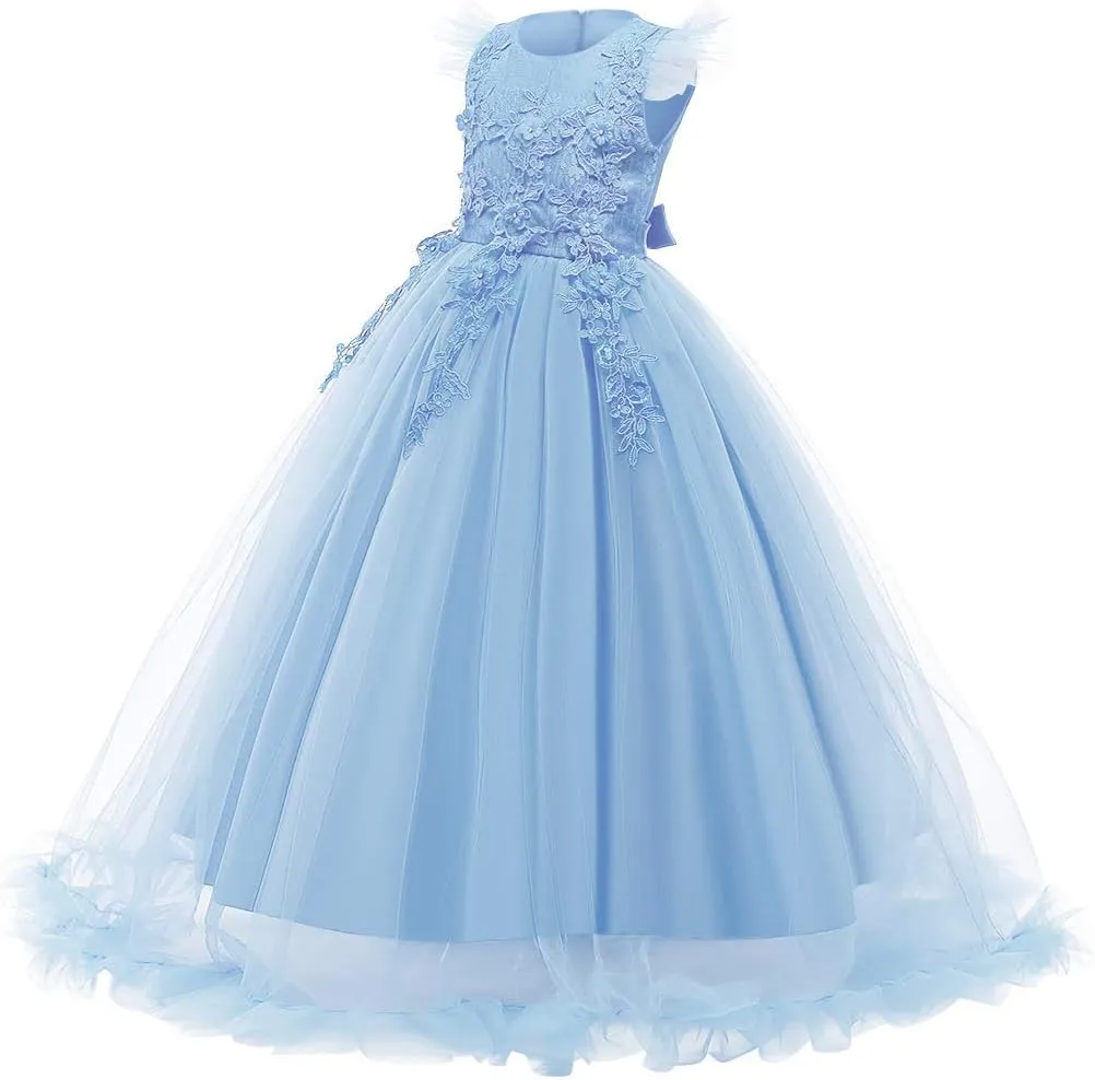 Girls Embroidery Flower Lace Long A Line Pageant Dress Floor Length Princess Prom Tulle Maxi Gown for Wedding Party Birthday
