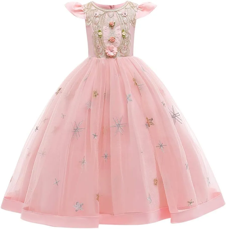 Girls Embroidery Flower Lace Long A Line Pageant Dress Floor Length Princess Prom Tulle Maxi Gown for Wedding Party Birthday