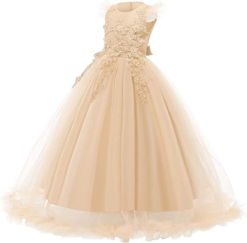 Girls Embroidery Flower Lace Long A Line Pageant Dress Floor Length Princess Prom Tulle Maxi Gown for Wedding Party Birthday