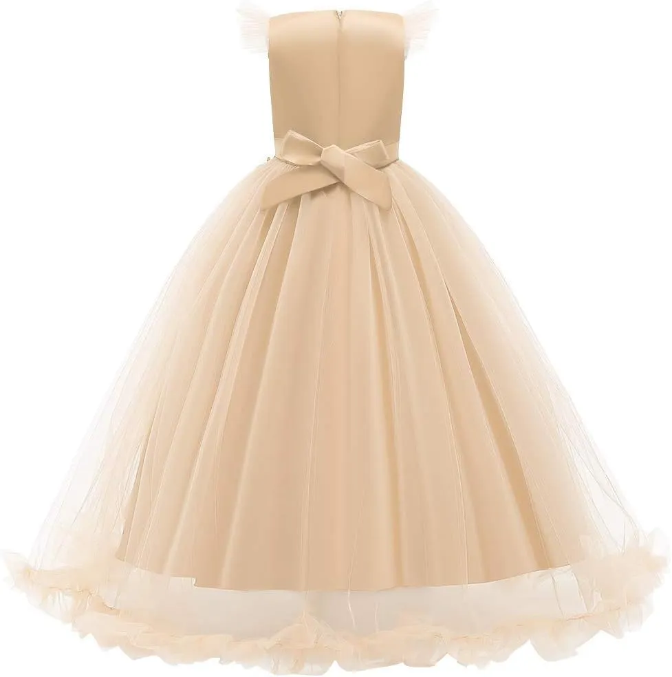 Girls Embroidery Flower Lace Long A Line Pageant Dress Floor Length Princess Prom Tulle Maxi Gown for Wedding Party Birthday