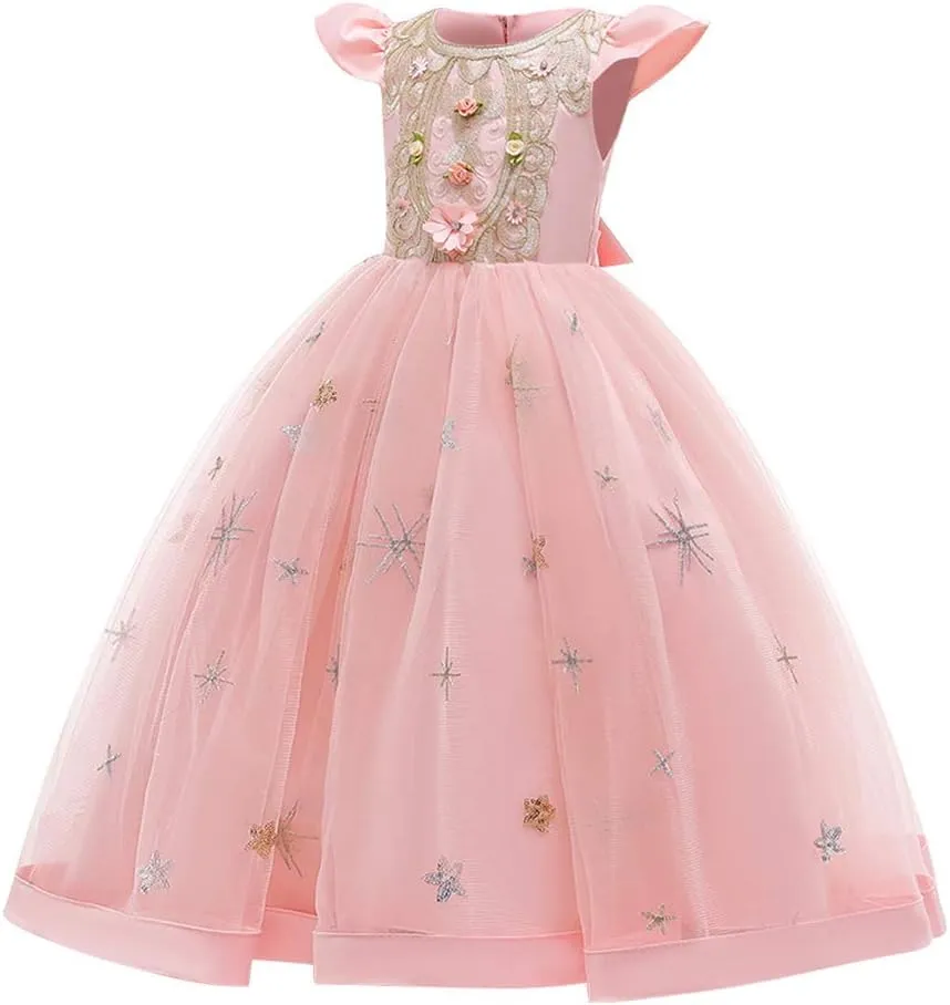 Girls Embroidery Flower Lace Long A Line Pageant Dress Floor Length Princess Prom Tulle Maxi Gown for Wedding Party Birthday