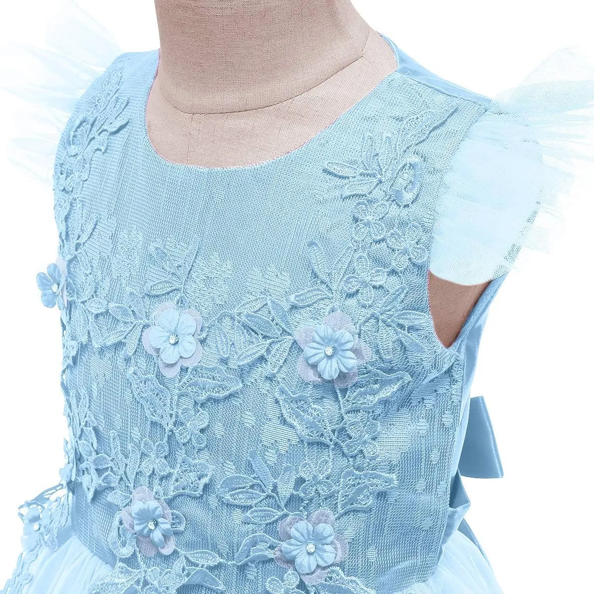 Girls Embroidery Flower Lace Long A Line Pageant Dress Floor Length Princess Prom Tulle Maxi Gown for Wedding Party Birthday