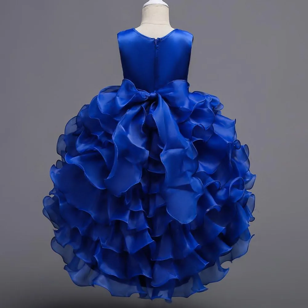 Girls Vintage Ruffle Lace Tulle Flower Girl Dresses Junior Bridesmaid Bow Princess Gown Party Wedding Trailing Dress