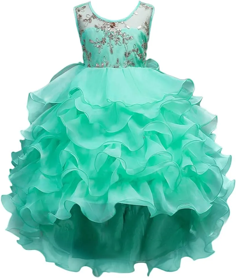 Girls Vintage Ruffle Lace Tulle Flower Girl Dresses Junior Bridesmaid Bow Princess Gown Party Wedding Trailing Dress