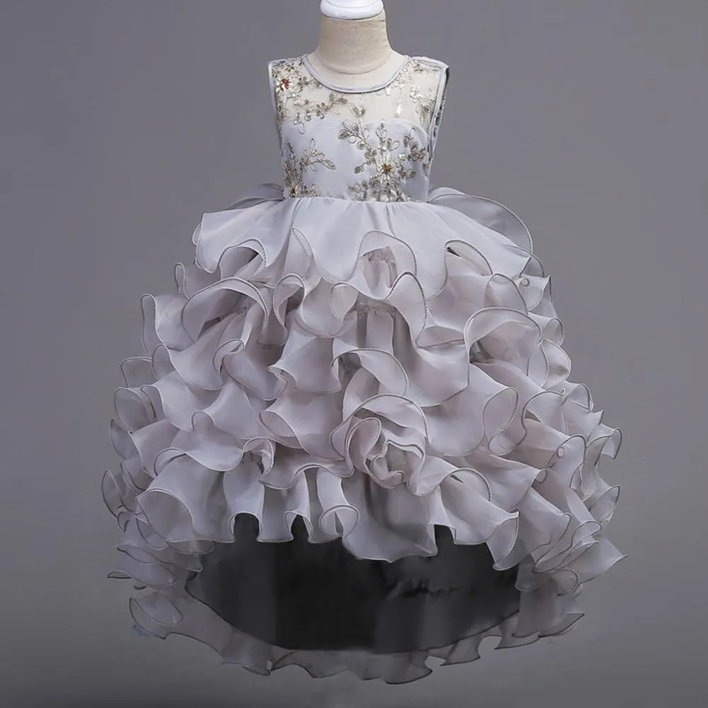 Girls Vintage Ruffle Lace Tulle Flower Girl Dresses Junior Bridesmaid Bow Princess Gown Party Wedding Trailing Dress