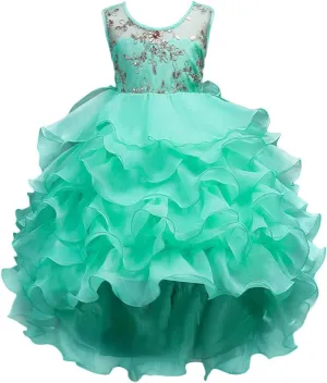 Girls Vintage Ruffle Lace Tulle Flower Girl Dresses Junior Bridesmaid Bow Princess Gown Party Wedding Trailing Dress