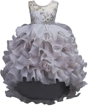 Girls Vintage Ruffle Lace Tulle Flower Girl Dresses Junior Bridesmaid Bow Princess Gown Party Wedding Trailing Dress