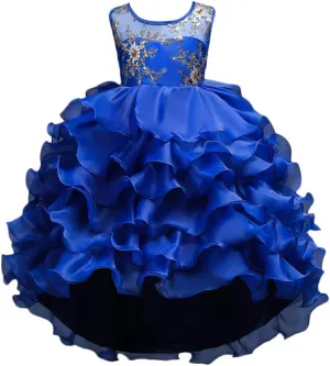 Girls Vintage Ruffle Lace Tulle Flower Girl Dresses Junior Bridesmaid Bow Princess Gown Party Wedding Trailing Dress