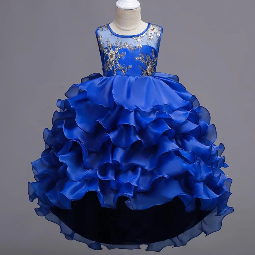 Girls Vintage Ruffle Lace Tulle Flower Girl Dresses Junior Bridesmaid Bow Princess Gown Party Wedding Trailing Dress