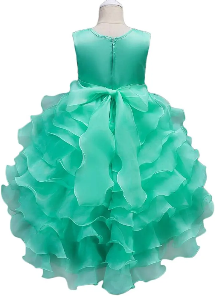 Girls Vintage Ruffle Lace Tulle Flower Girl Dresses Junior Bridesmaid Bow Princess Gown Party Wedding Trailing Dress
