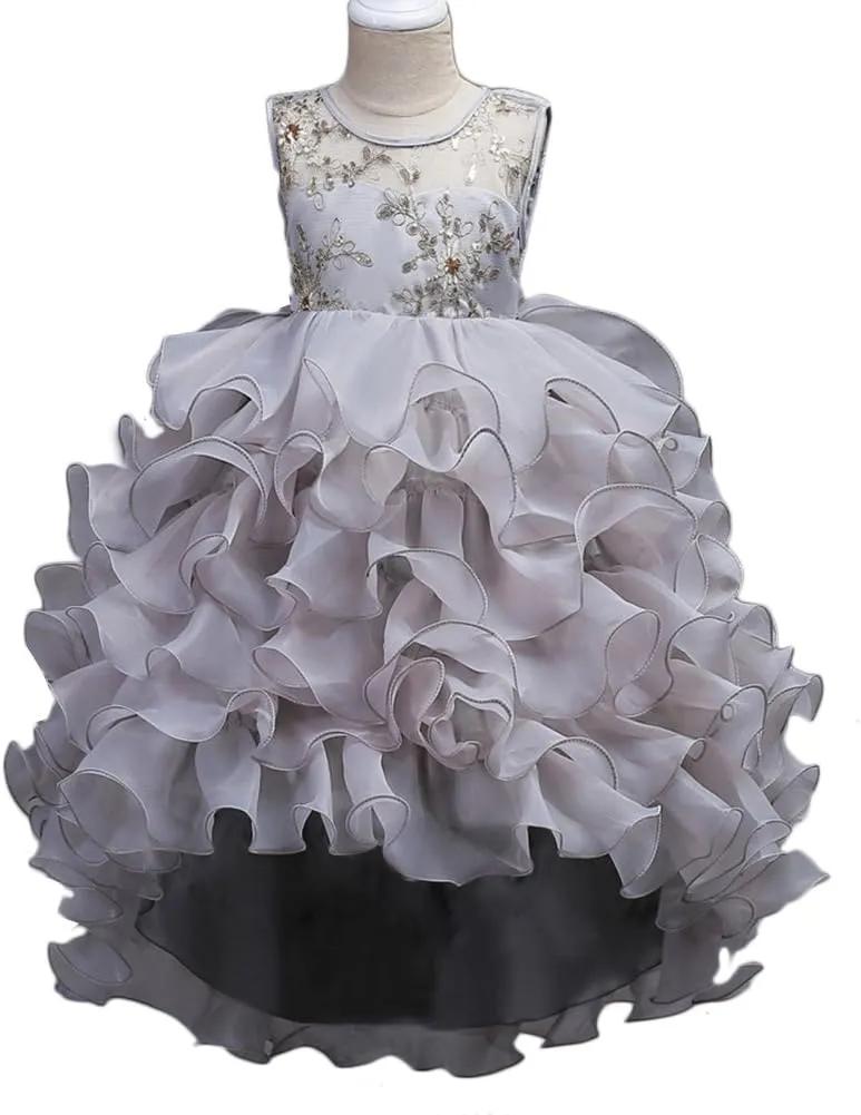 Girls Vintage Ruffle Lace Tulle Flower Girl Dresses Junior Bridesmaid Bow Princess Gown Party Wedding Trailing Dress