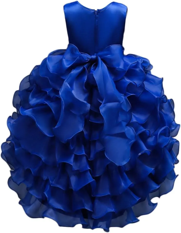 Girls Vintage Ruffle Lace Tulle Flower Girl Dresses Junior Bridesmaid Bow Princess Gown Party Wedding Trailing Dress