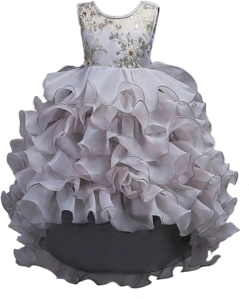 Girls Vintage Ruffle Lace Tulle Flower Girl Dresses Junior Bridesmaid Bow Princess Gown Party Wedding Trailing Dress