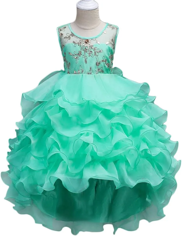 Girls Vintage Ruffle Lace Tulle Flower Girl Dresses Junior Bridesmaid Bow Princess Gown Party Wedding Trailing Dress