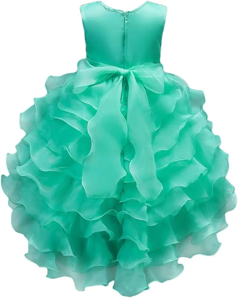 Girls Vintage Ruffle Lace Tulle Flower Girl Dresses Junior Bridesmaid Bow Princess Gown Party Wedding Trailing Dress