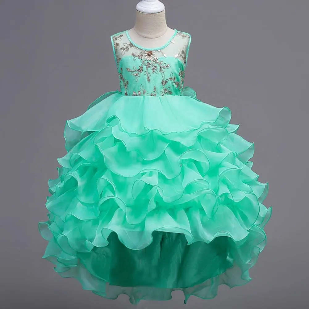 Girls Vintage Ruffle Lace Tulle Flower Girl Dresses Junior Bridesmaid Bow Princess Gown Party Wedding Trailing Dress