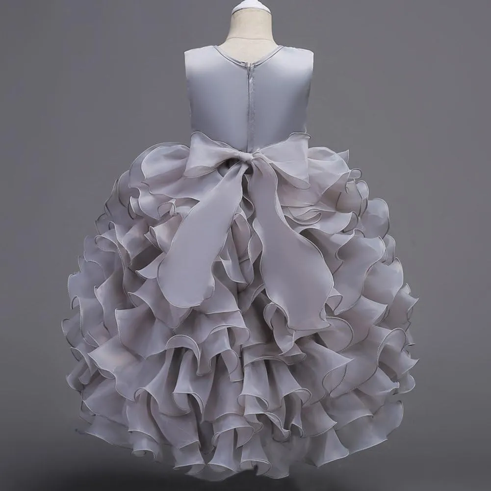 Girls Vintage Ruffle Lace Tulle Flower Girl Dresses Junior Bridesmaid Bow Princess Gown Party Wedding Trailing Dress