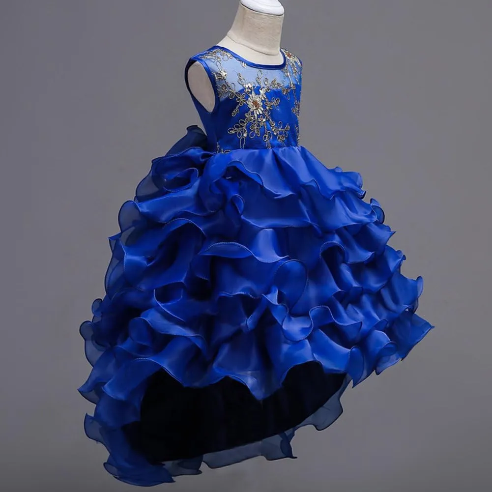 Girls Vintage Ruffle Lace Tulle Flower Girl Dresses Junior Bridesmaid Bow Princess Gown Party Wedding Trailing Dress