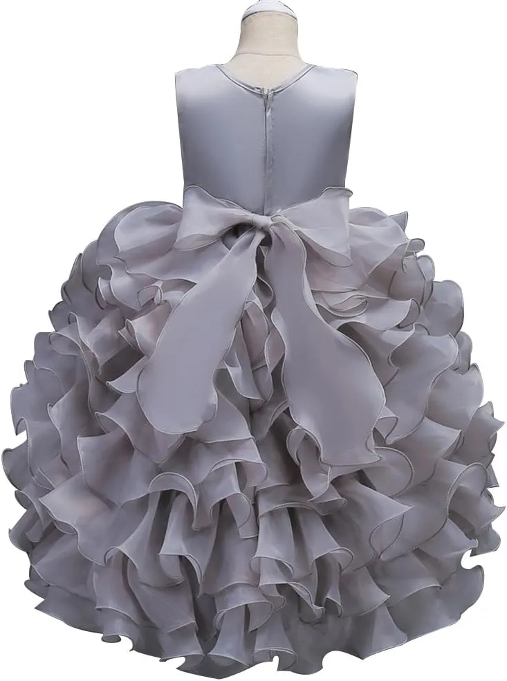 Girls Vintage Ruffle Lace Tulle Flower Girl Dresses Junior Bridesmaid Bow Princess Gown Party Wedding Trailing Dress