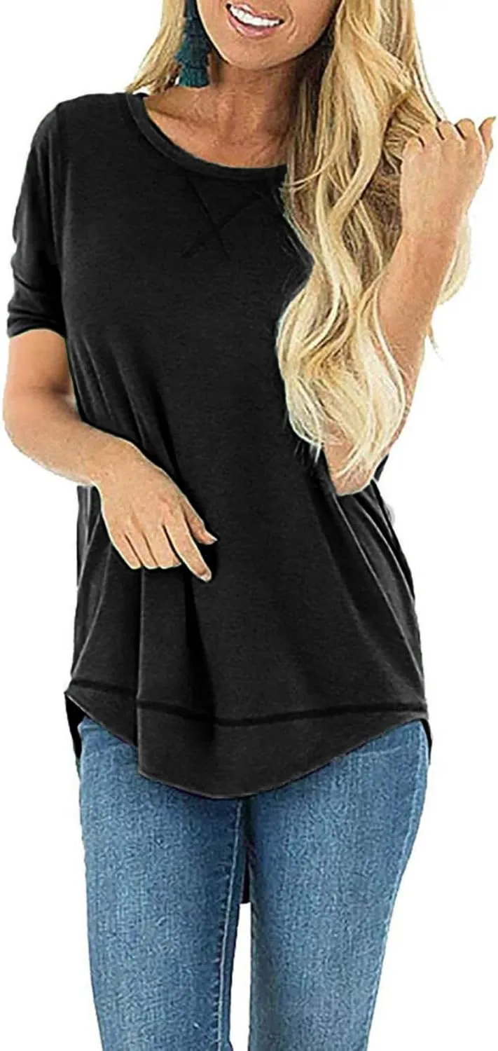 HIYIYEZI Summer Tops for Women Short Sleeve Side Split Casual Loose Tunic Top