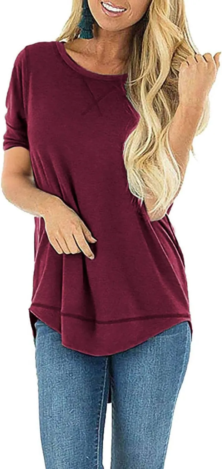 HIYIYEZI Summer Tops for Women Short Sleeve Side Split Casual Loose Tunic Top