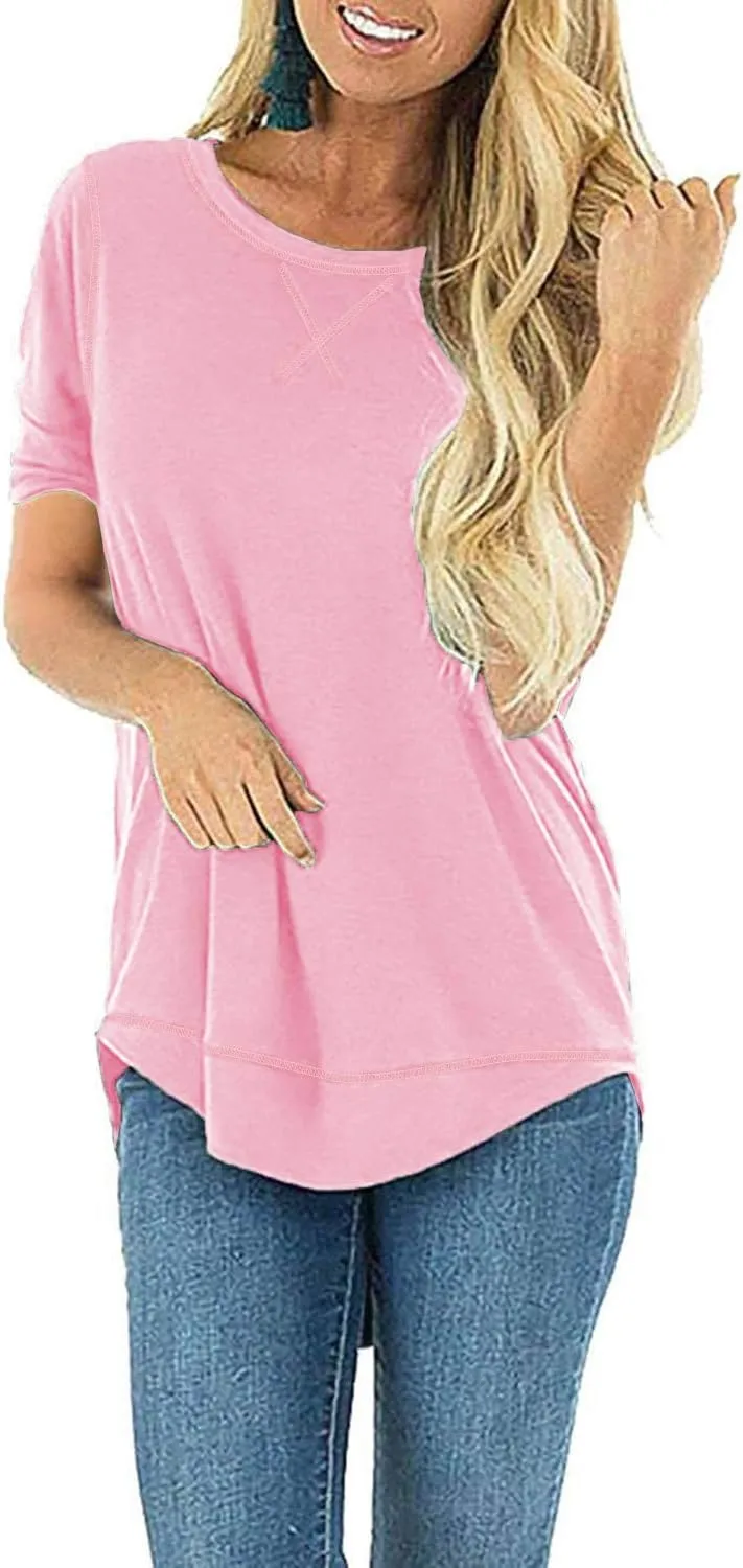 HIYIYEZI Summer Tops for Women Short Sleeve Side Split Casual Loose Tunic Top