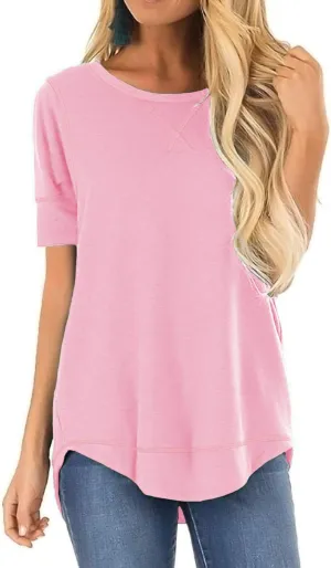 HIYIYEZI Summer Tops for Women Short Sleeve Side Split Casual Loose Tunic Top