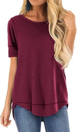HIYIYEZI Summer Tops for Women Short Sleeve Side Split Casual Loose Tunic Top