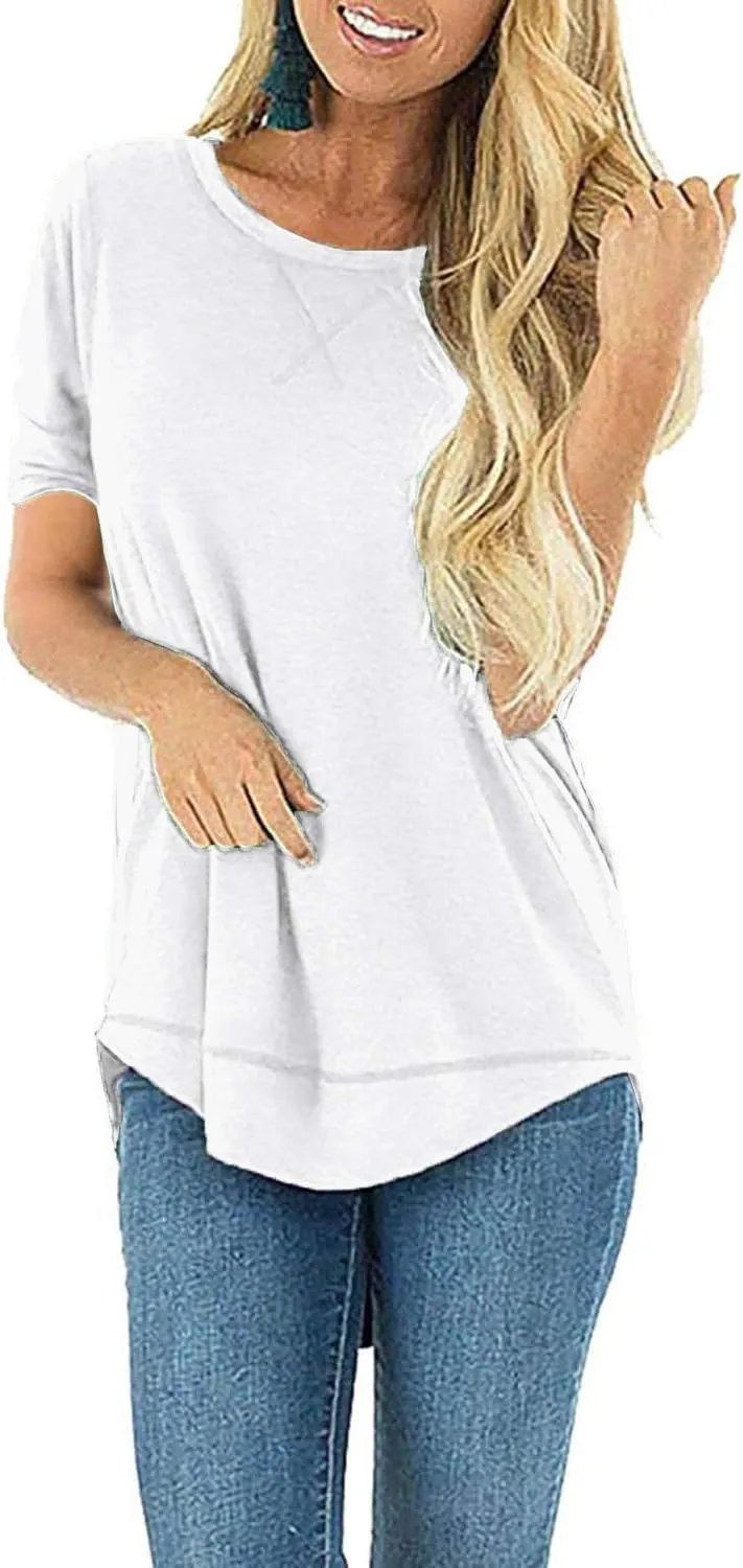 HIYIYEZI Summer Tops for Women Short Sleeve Side Split Casual Loose Tunic Top