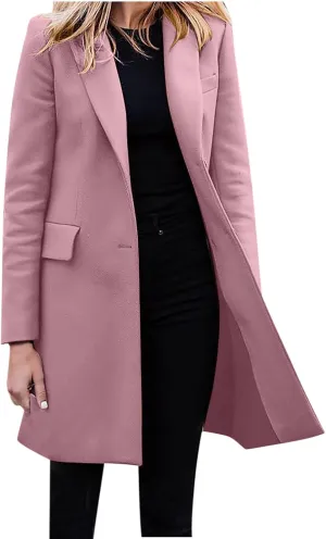Hvyesh Women's Long Wool Blend Pea Coat Winter Casual Overcoat Notched Lapel Collar Trench Coat Belted Long Jacket Outerwear