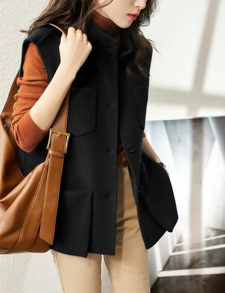 IDEALSANXUN Wool Vest Women Fall Winter Sleeveless Jackets Casual Button Down Waistcoat Trench Coat Outerwear Vest Tops