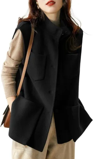 IDEALSANXUN Wool Vest Women Fall Winter Sleeveless Jackets Casual Button Down Waistcoat Trench Coat Outerwear Vest Tops