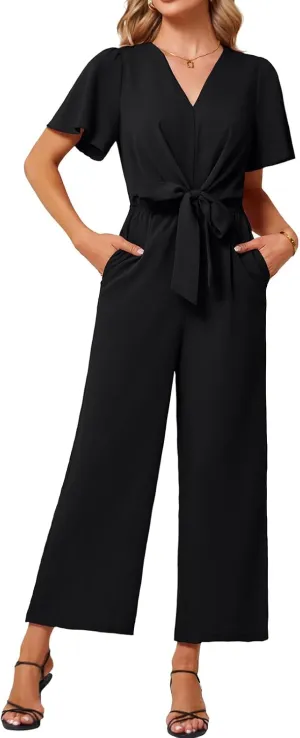 JASAMBAC Women's 2025 Summer Wide Leg Jumpsuits Casual Dressy One Piece Outfits V Neck High Waist Linen Romper with Pockets