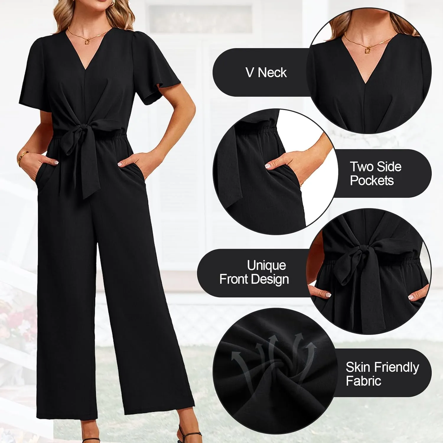 JASAMBAC Women's 2025 Summer Wide Leg Jumpsuits Casual Dressy One Piece Outfits V Neck High Waist Linen Romper with Pockets