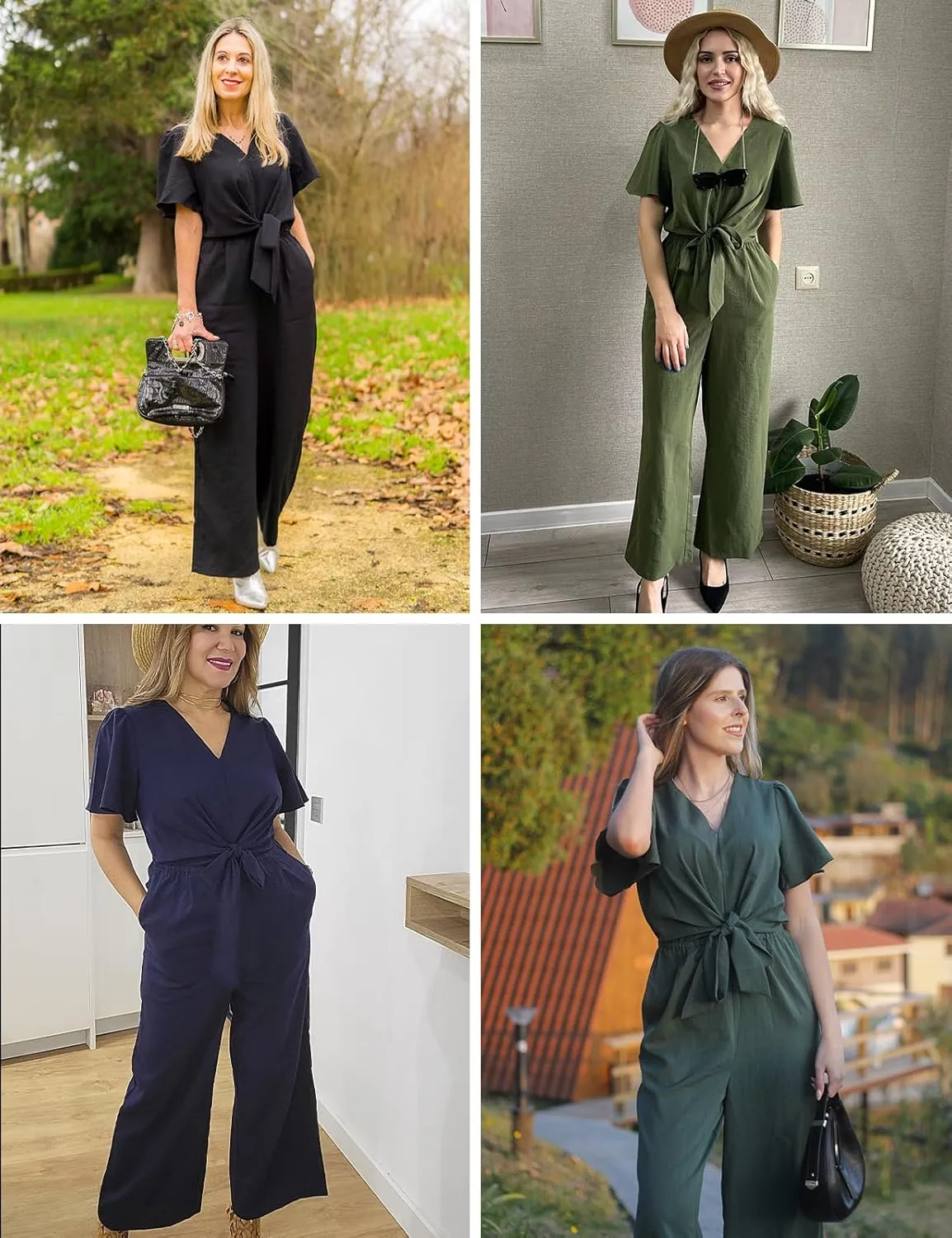 JASAMBAC Women's 2025 Summer Wide Leg Jumpsuits Casual Dressy One Piece Outfits V Neck High Waist Linen Romper with Pockets
