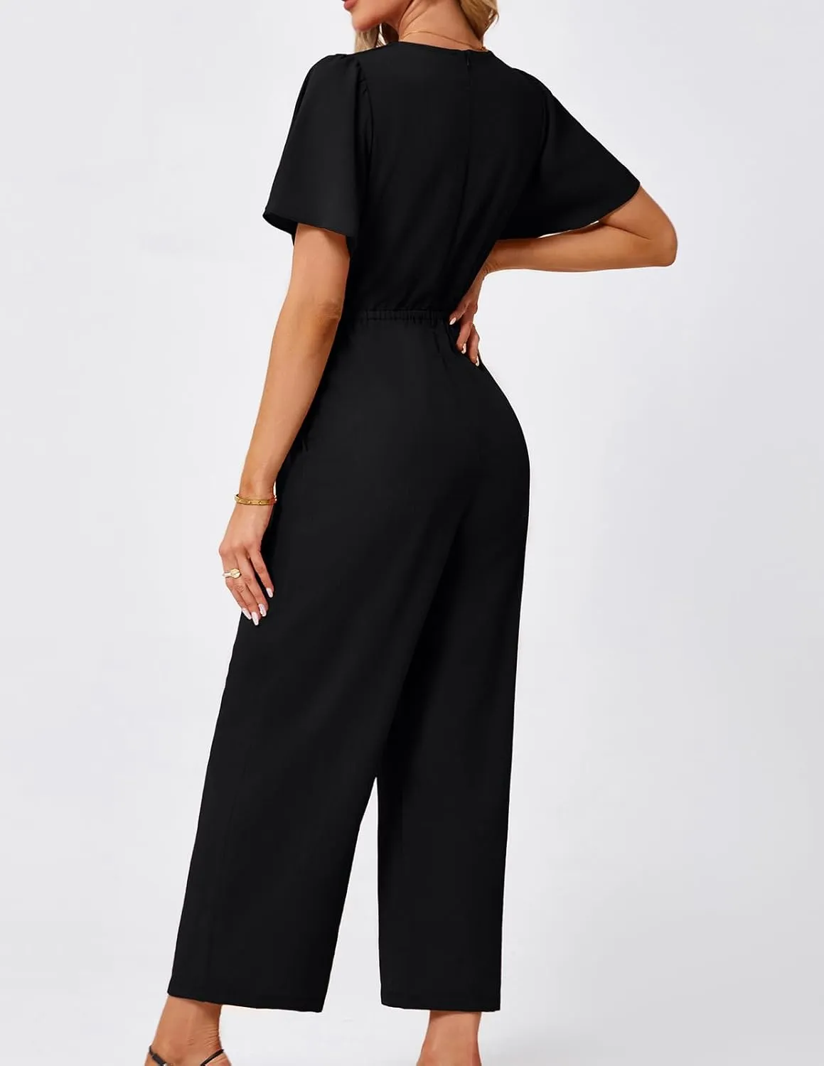 JASAMBAC Women's 2025 Summer Wide Leg Jumpsuits Casual Dressy One Piece Outfits V Neck High Waist Linen Romper with Pockets