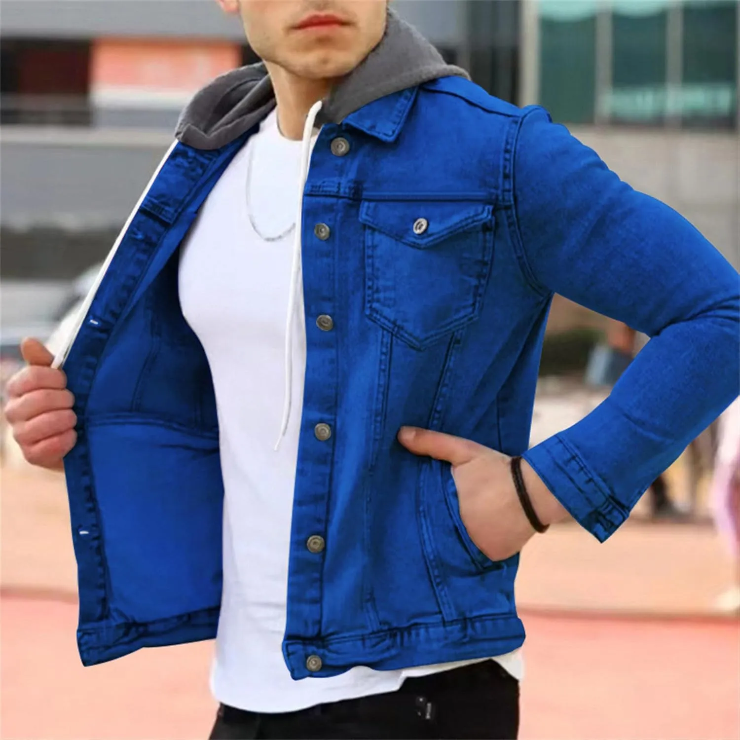 JEShifangjiusu Men'S Denim Hoodie Military Jacket Casual Slim Fit Button Down Jeans Coat Fashion Winter Denim Trucker Jacket